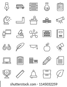 thin line vector icon set - book vector, copybook, graduate hat, pen, pencil, school building, blackboard, corner ruler, glasses, student, apple fruit, telescope, microscope, bell, table lamp, bus