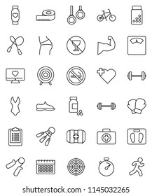 thin line vector icon set - barbell vector, measuring, scales, stopwatch, clipboard, pills vial, bike, jump rope, hand trainer, muscule, buttocks, snickers, boxing glove, swimsuite, target, calendar