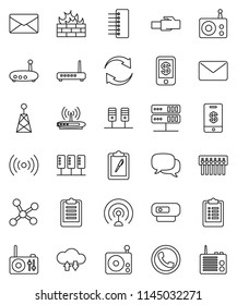 thin line vector icon set - clipboard vector, radio, antenna, dialog, network, server, cloud exchange, firewall, hub, router, lan connector, refresh, mail, wireless, phone, tap pay, web camera