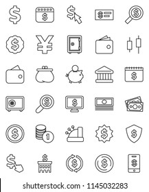 thin line vector icon set - bank vector, exchange, dollar coin, japanese candle, wallet, cash, piggy, stack, building, money search, medal, shield, safe, calendar, monitor, cursor, yen sign, cashbox