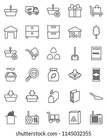 thin line vector icon set - scoop vector, washing powder, cereal, pasta, archive, binder, cargo, warehouse, search, mailbox, relocation truck, gift, basket, trolley, package, radio