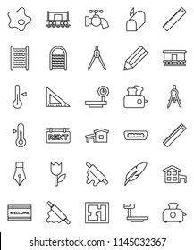 thin line vector icon set - water tap vector, splotch, welcome mat, washboard, rolling pin, thermometer, pen, pencil, corner ruler, drawing compass, Railway carriage, tulip, big scales, hdmi, plan