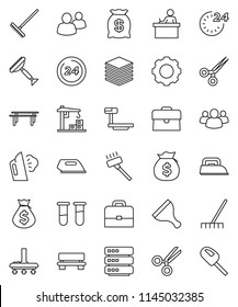 thin line vector icon set - scraper vector, vacuum cleaner, rake, steaming, student, case, money bag, horizontal bar, big scales, group, vial, scissors, data, gear, bench, construction crane, iron