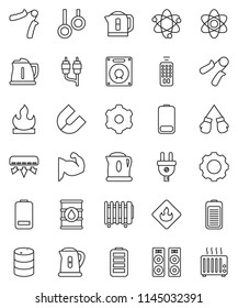 thin line vector icon set - kettle vector, atom, magnet, hand trainer, muscule, boxing glove, gymnast rings, flammable, oil barrel, remote control, battery, rca, gear, air conditioner, power plug