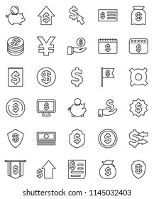 thin line vector icon set - exchange vector, dollar coin, cash, money bag, piggy bank, investment, growth, receipt, medal, flag, shield, calendar, monitor, cursor, any currency, yen sign thin line vector icon set - exchange vector, dollar coin, cash, money bag, piggy bank, investment, growth, receipt, medal, flag, shield, calendar, monitor, cursor, any currency, yen sign