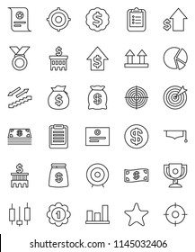 thin line vector icon set - graduate hat vector, clipboard, award cup, certificate, graph, pie, japanese candle, money bag, dollar growth, bank building, target, medal, stairways run, top sign, coin