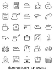 thin line vector icon set - iron vector, steaming, pan, kettle, cook glove, turk coffee, toaster, oven, thermometer, bbq, steak, flammable, fireplace, heating, maker, hair dryer, heater