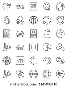 thin line vector icon set - glasses vector, world, personal information, pie graph, pound, pills, no fastfood, gymnast rings, oxygen, earth, music hit, stop button, backward, refresh, undo, loading