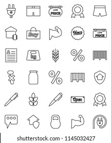 thin line vector icon set - jar vector, pen, medal, personal information, muscule hand, shorts, cereals, no hook, weight, message, low price signboard, smart home, protect, new, open, percent, buy