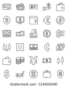 thin line vector icon set - exchange vector, dollar coin, japanese candle, credit card, wallet, cash, investment, stack, check, shield, monitor, any currency, euro sign, yen, cent, money