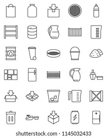 thin line vector icon set - bucket vector, trash bin, garbage pile, measuring cup, jug, sieve, jar, enegry drink, water bottle, sea container, port, wood box, consolidated cargo, package, oil barrel