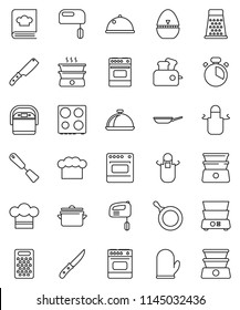 thin line vector icon set - pan vector, cook hat, apron, glove, timer, spatula, knife, grater, oven, double boiler, cookbook, dish, mixer, multi cooker, toaster