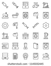 thin line vector icon set - washer vector, washing powder, mixer, double boiler, blender, tomography, gear, construction crane, card reader, dishwasher, coffee maker, meat grinder, sewing machine