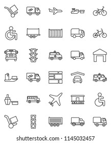 thin line vector icon set - school bus vector, bike, plane, traffic light, ship, truck trailer, sea container, delivery, port, consolidated cargo, warehouse, Railway carriage, disabled, garage