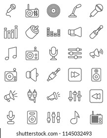 thin line vector icon set - music vector, disk, microphone, radio, speaker, loudspeaker, settings, equalizer, forward button, backward, rca, jack