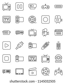 thin line vector icon set - cinema clap vector, film spool, tv, video camera, remote control, play button, pause, stop, rec, hdmi, web, projector, gamepad