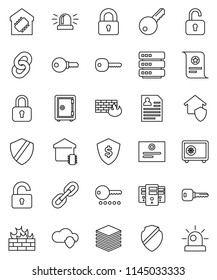 thin line vector icon set - certificate vector, personal information, dollar shield, safe, cloud, big data, server, firewall, chain, key, siren, lock, unlock, smart home, protect, password