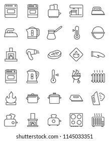 thin line vector icon set - iron vector, steaming, pan, camping cauldron, kettle, cook glove, turk coffee, toaster, oven, thermometer, bbq, steak, flammable, fireplace, heating, maker, hair dryer