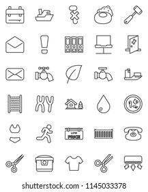 thin line vector icon set - soap vector, water drop, tap, washboard, meat hammer, backpack, leaf, binder, swimsuite, t shirt, run, ship, sea container, no hook, classic phone, mail, scissors, chalet