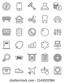 thin line vector icon set - scraper vector, water closet, compass, leaf, university, coin stack, dollar flag, fitball, snickers, plane, money, sorting, oil barrel, disk, settings, mobile phone, sale