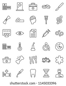 thin line vector icon set - school building vector, doctor bag, ambulance star, disabled, thermometer, flask, eye, gender sign, pregnancy, syringe, dropper, crutches, scalpel, broken bone, pills