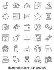 thin line vector icon set - toilet vector, paper, book, microscope, world, graph, sand clock, target, medal, pills, camera, dna, drop counter, router, loading, house, key, wallet, star, coffee maker