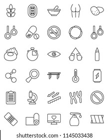 thin line vector icon set - soap vector, liquid, potato, stopwatch, clipboard, horizontal bar, punching bag, buttocks, boxing glove, pills, enegry drink, molecule, stairways run, fitness mat, hoop
