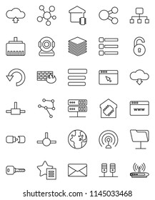 thin line vector icon set - world vector, antenna, social media, connect, network, server, folder, big data, browser, menu, firewall, lan connector, share, favorites, undo, cloud upload, download