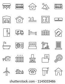 thin line vector icon set - cottage vector, chalet, pool, windmill, water supply, mountain, garage, fence, plan, estate document, sale signboard, rooms, client search, bath, relocation truck, fridge