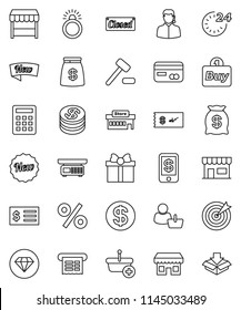 thin line vector icon set - receipt vector, gift, credit card, dollar coin, money bag, new, closed, 24 hour, percent, market, store, mall, customer, support, target, buy, basket, calculator, auction