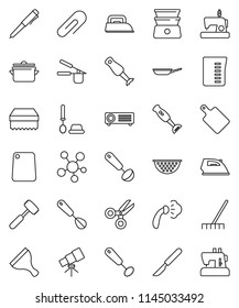 thin line vector icon set - scraper vector, rake, sponge, iron, steaming, toilet brush, pan, colander, measuring cup, cook press, whisk, ladle, meat hammer, cutting board, double boiler, blender