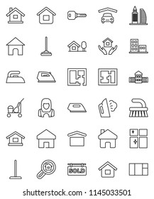 thin line vector icon set - cleaner trolley vector, fetlock, mop, iron, steaming, shining window, house hold, woman, school building, dry cargo, home, key, chalet, garage, plan, sold signboard