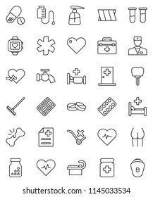 thin line vector icon set - rake vector, water tap, liquid soap, heart pulse, buttocks, pills, monitor, no trolley, doctor bag, ambulance star, vial, broken bone, bottle, blister, anamnesis, bandage
