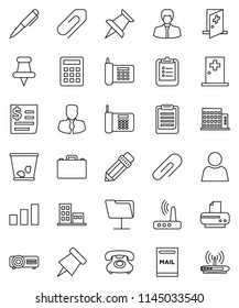 thin line vector icon set - trash bin vector, pencil, case, pen, clipboard, paper pin, manager, phone, receipt, sorting, thumbtack, medical room, network folder, router, attachment, user, mailbox