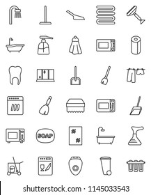 thin line vector icon set - soap vector, plunger, scraper, cleaner trolley, broom, mop, scoop, sponge, towel, trash bin, window cleaning, bath, drying clothes, liquid, shining, toilet paper, tooth