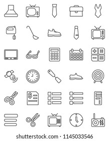 thin line vector icon set - spatula vector, ladle, mixer, glasses, scissors, case, annual report, clock, tie, calendar, snickers, swimsuite, target, satellitie, tv, menu, calculator, hood, computer