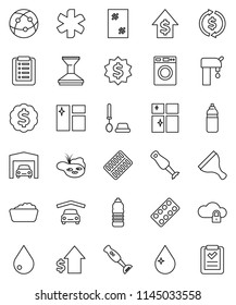 thin line vector icon set - scraper vector, water drop, car fetlock, window cleaning, toilet brush, washer, foam basin, shining, blender, exchange, dollar growth, medal, bottle, internet, cloud lock