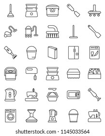 thin line vector icon set - plunger vector, vacuum cleaner, fetlock, mop, bucket, sponge, car, washing powder, kettle, spatula, double boiler, blender, fridge, washer, dishwasher, mixer