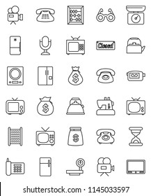 thin line vector icon set - washboard vector, kettle, glasses, abacus, money bag, phone, big scales, tv, video camera, microphone, classic, sand clock, fridge, closed, kitchen, sewing machine