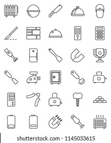 thin line vector icon set - camping cauldron vector, spatula, ladle, knife, grater, toaster, blender, dish, award cup, magnet, safe, gold ingot, hand trainer, consolidated cargo, battery, scalpel