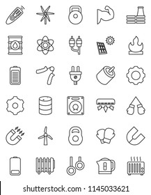 thin line vector icon set - atom vector, magnet, weight, hand trainer, muscule, boxing glove, gymnast rings, flammable, oil barrel, remote control, battery, rca, gear, solar panel, windmill, factory