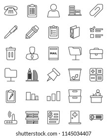 thin line vector icon set - trash bin vector, pencil, student, pen, clipboard, paper pin, archive, exam, manager, case, binder, receipt, sorting, classic phone, medical room, network folder, router