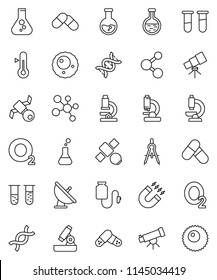 thin line vector icon set - thermometer vector, drawing compass, telescope, microscope, magnet, flask, pills, molecule, oxygen, satellite, antenna, vial, dna, drop counter, ovule
