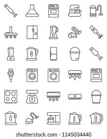thin line vector icon set - vacuum cleaner vector, bucket, kettle, scales, oven, blender, air conditioner, fridge, washer, coffee maker, hood