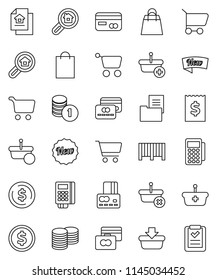 thin line vector icon set - dollar coin vector, cart, credit card, stack, receipt, estate document, search, new, shopping bag, barcode, reader, basket, list