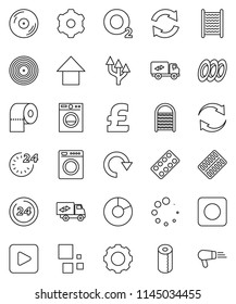 thin line vector icon set - washboard vector, toilet paper, plates, pie graph, arrow up, pound, oxygen, disk, play button, rec, pills blister, gear, refresh, redo, loading, route, relocation truck