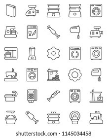 thin line vector icon set - washer vector, washing powder, mixer, double boiler, blender, tomography, gear, construction crane, card reader, dishwasher, coffee maker, meat grinder, sewing machine
