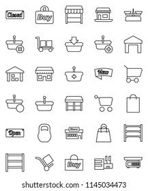 thin line vector icon set - office vector, cargo, warehouse, weight, shelving, new, open, closed, shopping bag, market, store, mall, buy, basket, cart, scales