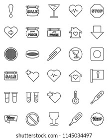 thin line vector icon set - sieve vector, arrow down, heart pulse, prohibition sign, no alcohol, cross, attention, glass, rec button, thermometer, vial, stop, sale signboard, low price, love home