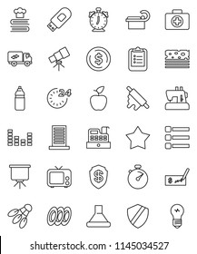 thin line vector icon set - rolling pin vector, cookbook, plates, apple fruit, telescope, alarm clock, clipboard, presentation, dollar coin, check, stopwatch, water bottle, breads, shuttlecock, tv